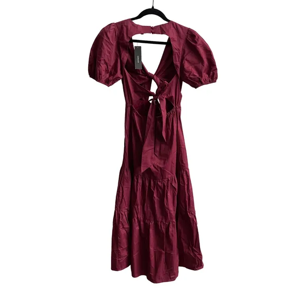 Lulus Midi Dress Wmns XS Burgundy Cottagecore Puff Sleeve Tiered Back Cutout Tie - Image 5