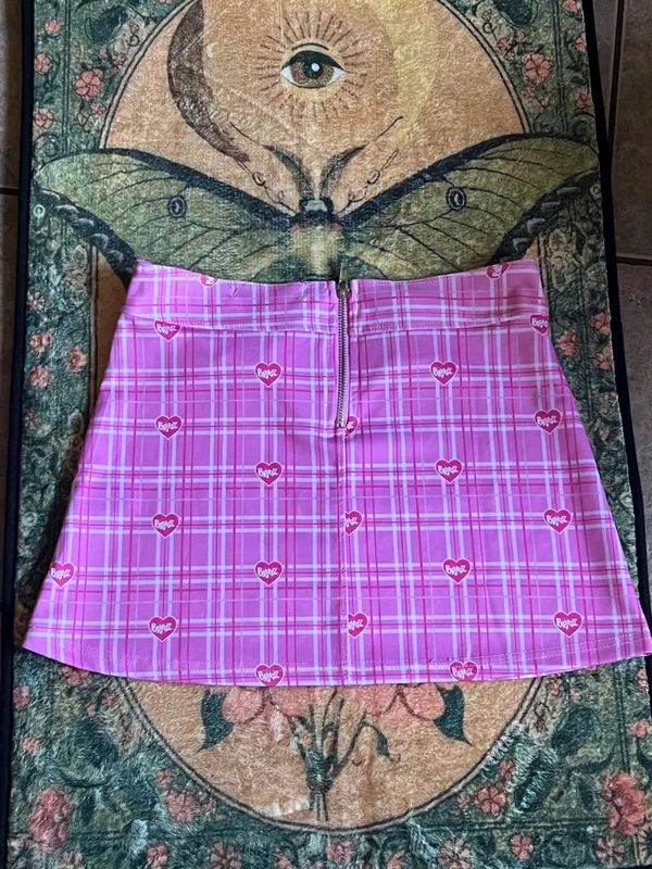 Dolls Kill Pink Plaid A-Line Mini Skirt with Heart Print & Belt - Image 6