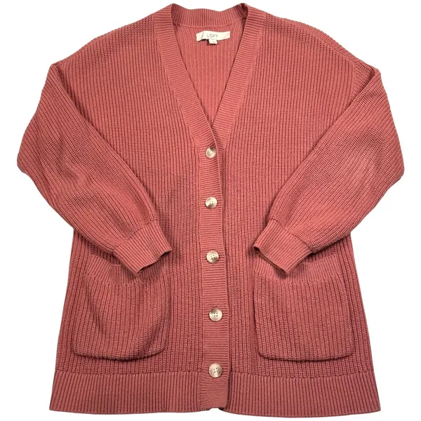 Loft Cardigan Sweater Womens Medium Pink Ribbed Knit Cottagecore Academia Granny - Image 2