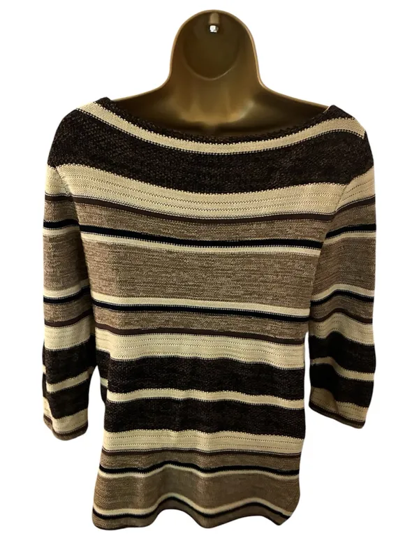 Lauren Ralph Lauren 3/4 Sleeve Striped Boat Neck Knit Sweater Brown S - Image 4