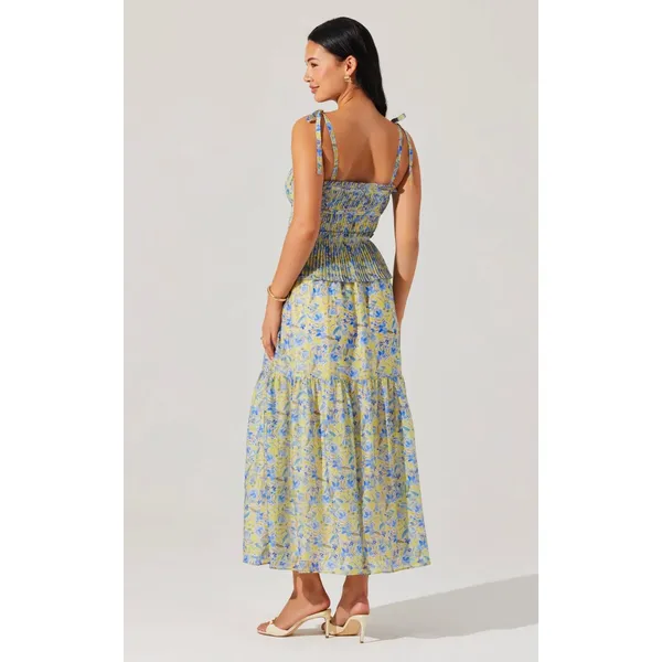 ASTR The Lind Floral Pleated Maxi Dress in Blue Yellow Floral Size Small NEW - Image 4
