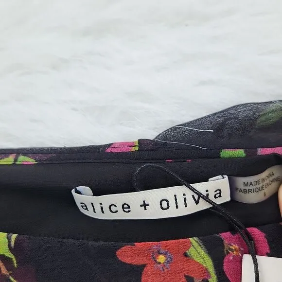 Alice + Olivia Black Floral Silk‎ Chiffon Lexis Sakura Mini Dress Off Shoulder 6 - Image 9