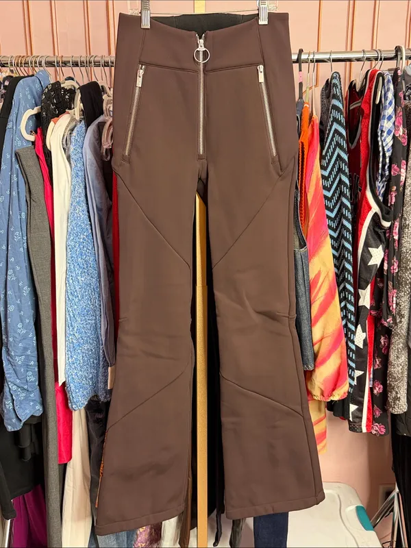 HOLDEN High Waisted Softshell Pants Brown Flare Ski Snow Winter Zip Leg. Size S - Image 2