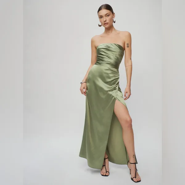 Reformation Barrow Artichoke Green Silk Strapless Cocktail Gown Size 2 NWT - Image 10