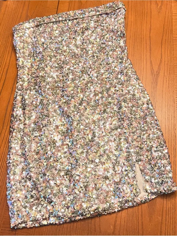 Mable Silver Allover Sequin‎ Bodycon Strapless Mini Dress Front Slit Size Large - Image 4