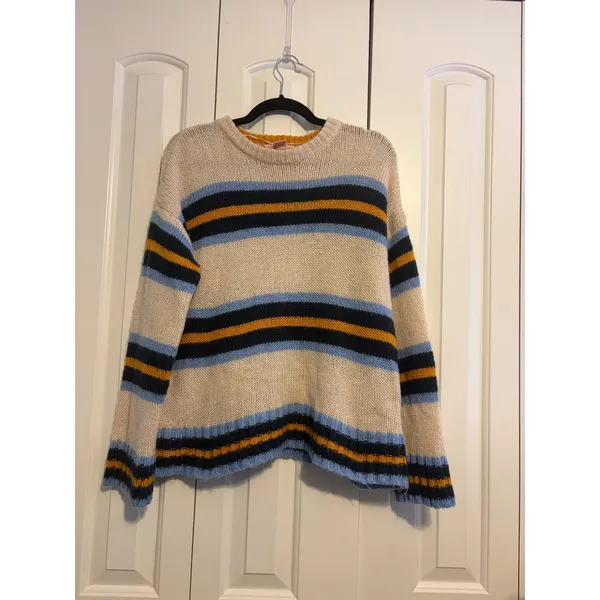 Urban Outfitters Striped Crew Neck Sweater Cream‎ Blue Yellow Navy M Medium - Image 2