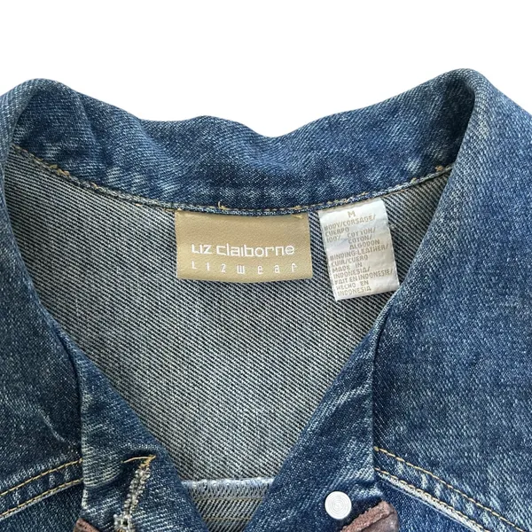 Vintage 90s Liz Claiborne Blue Denim Vest Leather Trimmed M Grunge Preppy Boho - Image 4