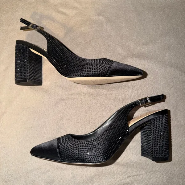 Jewel Badgley‎ Mischka Womens Black Crystal Embellished Slingback Block Heels 6 - Image 2