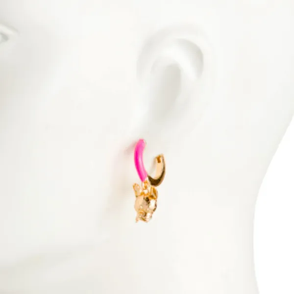 🐶BETSEY JOHNSON Frenchie Enamel Hoop Earrings / Gold Tone Hot Pink - Image 3