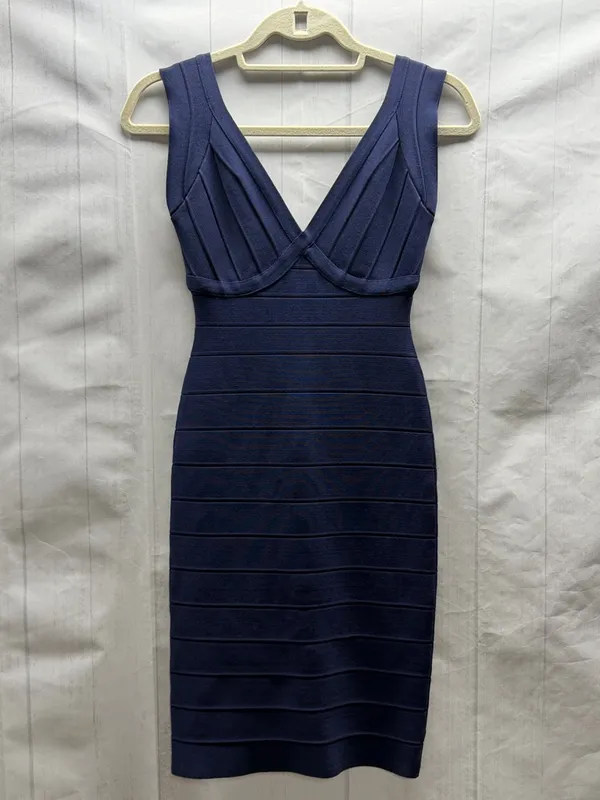 Herve Leger Karima Pacific Blue V-Neck Sleeveless Body Con Bandage Dress Small - Image 2