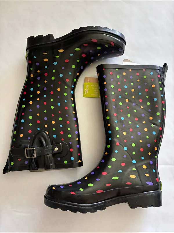 Western Chief Black Rain Boots with Multicolor Polka Dots - Image 5