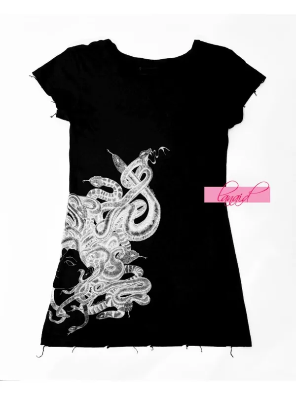 Lauren Moshi Medusa Tee Black Distressed Snakes Fitted Gothic Edgy Tunic Top S - Image 4