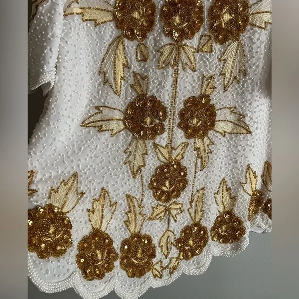 Vintage Silk Beaded Sequin Floral Top White Gold 80s Glam Party Blouse - Image 8
