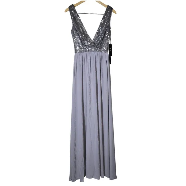 Lulus Elegant Encounter Pewter Sequin Maxi Dress Silver Grey V-Neck Gown Small - Image 3