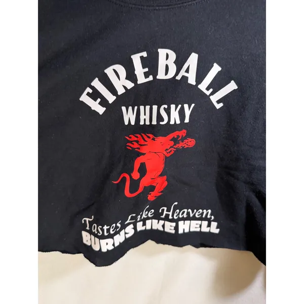 Fireball Whisky Cropped Sweatshirt Black Graphic Raw Hem Pullover Medium - Image 2