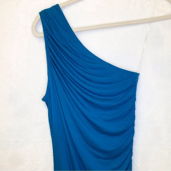 A New Day Teal Blue Asymmetrical Ruched Cocktail Bodycon Mini Dress Size Small - Image 6