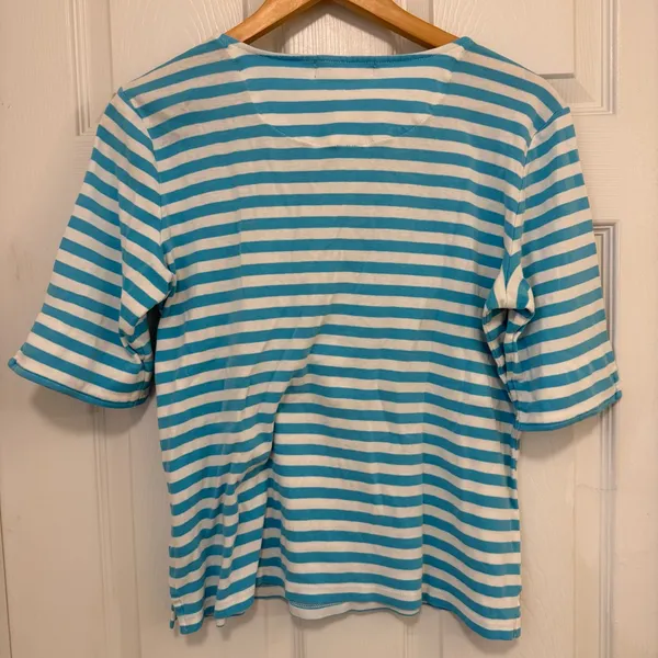 Like New Vintage Lauren Ralph Lauren Blue Striped Elbow-Sleeve Henley Top - Image 4