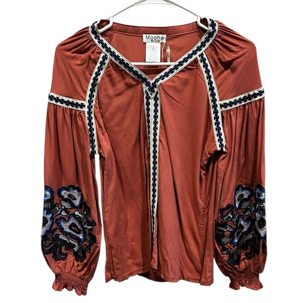 Mocha Apparel Rust Embroidered Boho Peasant Blouse Balloon Sleeve S NWT - Image 2