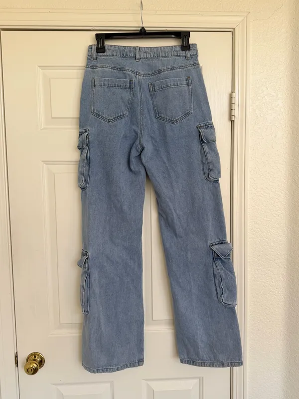 House of CB Light Wash Wide Leg Utility Cargo Denim Blue Jeans XS - Image 6