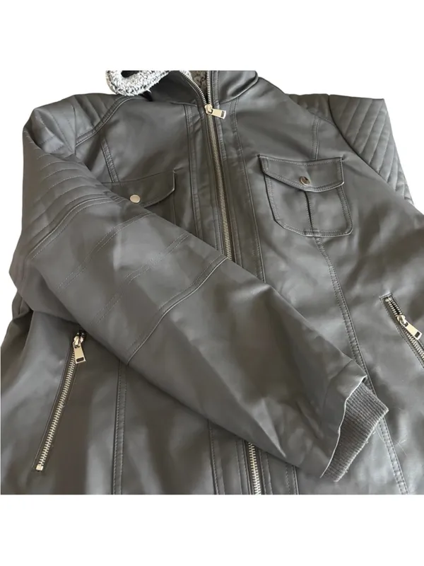Novish Womens Gray Faux Leather Jacket with Sherpa Hood - Image 3