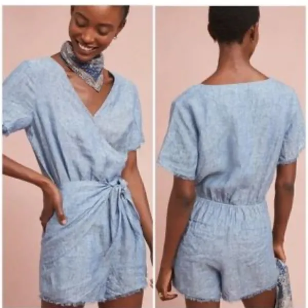 Sanctuary by Anthropologie Denim Chambray Romper Size Small Ties at Waist - Image 2