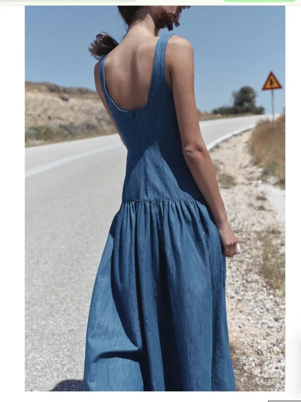 NWOT ZARA MIDI CAPE Denim SKIRT DRESS Medium Blue Cotton Linen Blend - Image 4