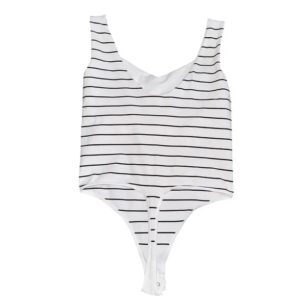 Free People Bodysuit Women M/L White Black Stripe NWT V-Neck Thong Seamless - Image 4