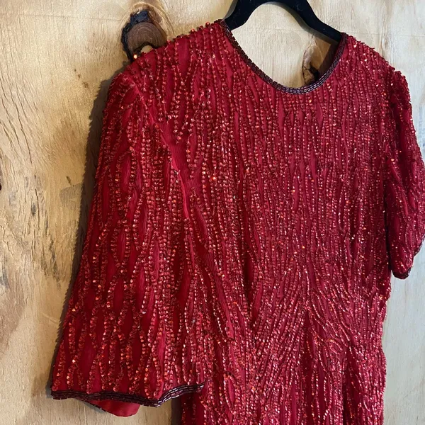 Vintage Stenay 80s Red Silk Beaded Sequined Formal Cocktail Dress Sz L - Image 7