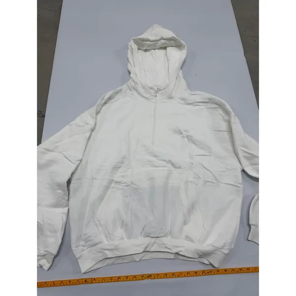 White Quarter Zip Hoodie Oversized Cotton Blend Fleece Sweatshirt size L - Image 4