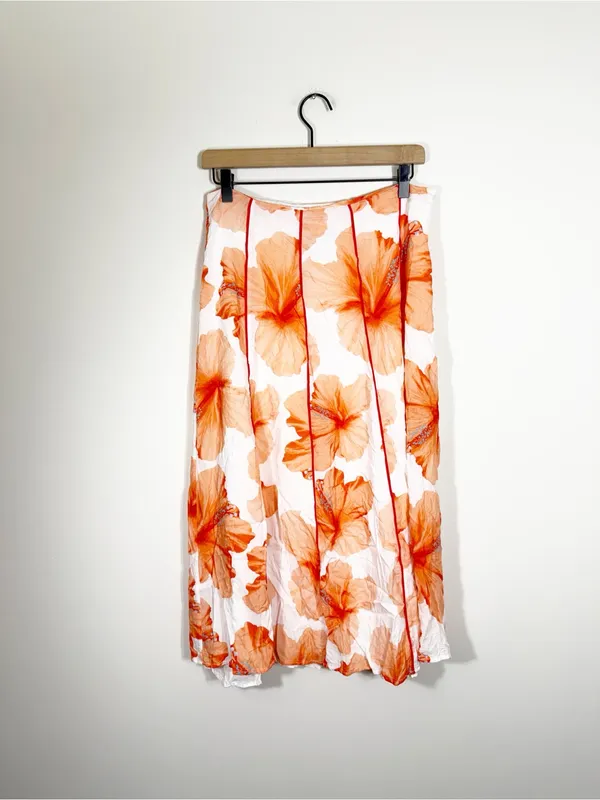 Anthropologie Farm Rio Orange White Floral Contrast Midi Skirt Size Medium - Image 4