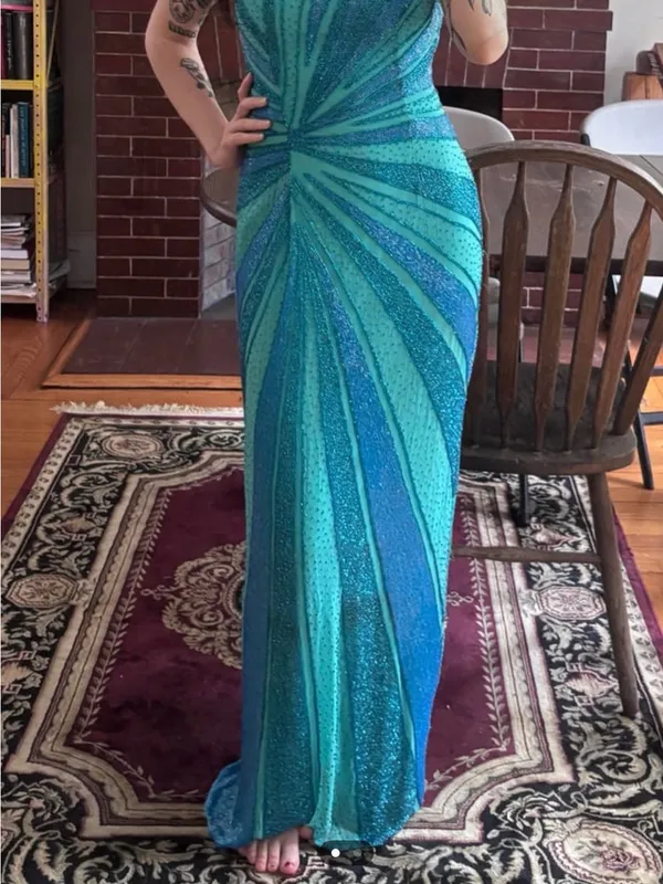 Teal & Blue Ruched Spaghetti-Strap Evening Gown - Image 3