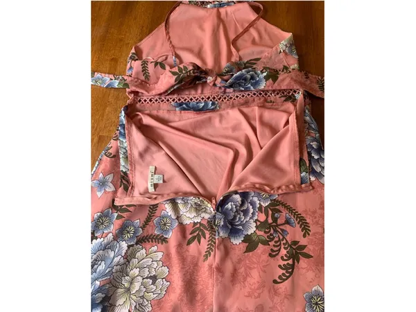 Miami maxi Dress Large Peach with Blue Yellow Floral Halter Crochet Derails - Image 9