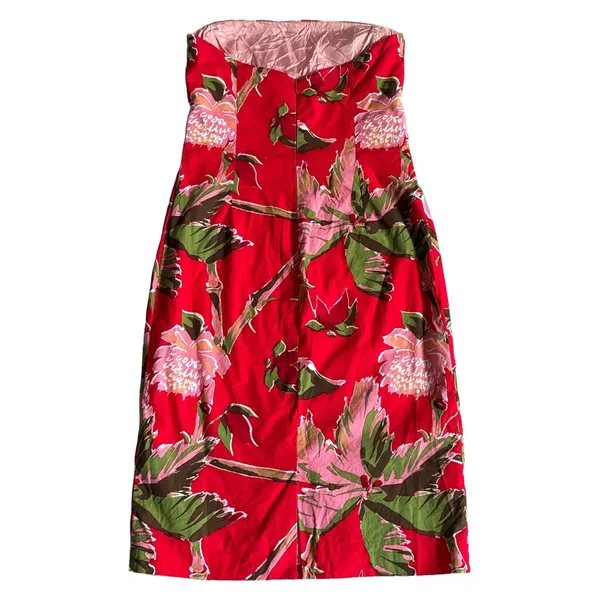 Helen Wang New York Red Tropical Floral Strapless Midi Sheath Dress Size 4 - Image 3