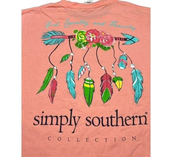 Simply Southern Long Sleeve Shirt God Country Family Arrow Feathers Pink Sz M - Image 2