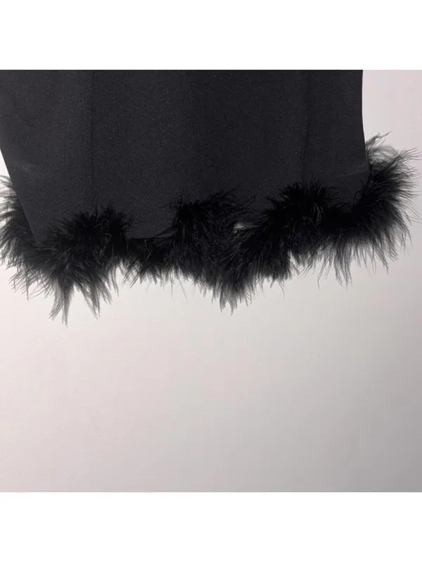 Black Spaghetti Strap Crop Top Boa Fur Trim Holiday Party Club Festival - Image 3