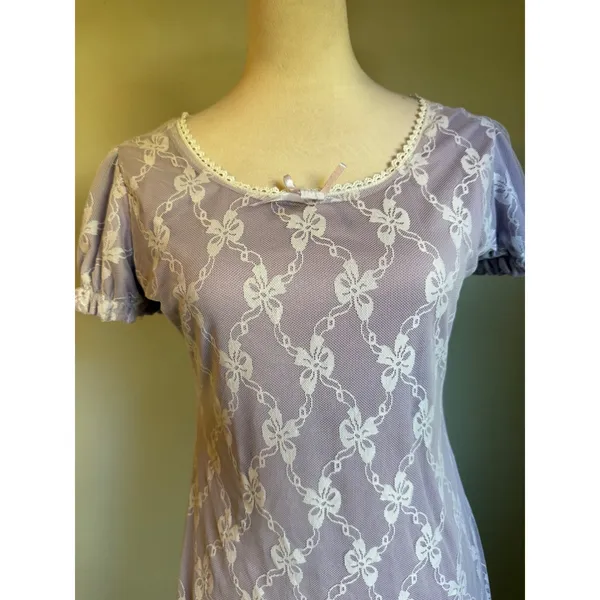 Romwe Lavender Lace Bow Mini Dress‎ Pastel Purple Coquette Ruffle L y2k dainty - Image 2