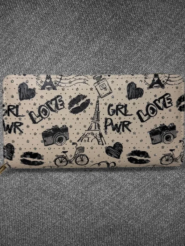 Paris Eiffel Tower Double Zip Wallet Beige Black - Image 8