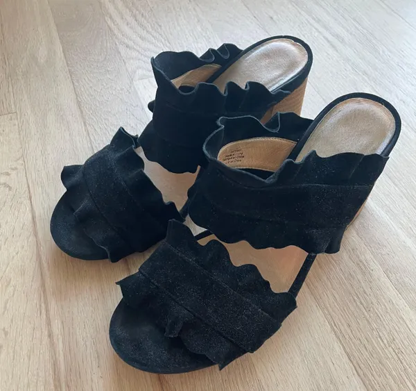 Free People Rosie Ruffle Mule Heels Black Suede Size 7 - Image 3
