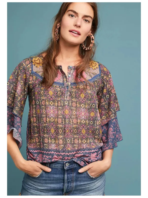 Anthropologie Postmark Embroidered Henley Top Women's M Boho Chic‎ - Image 4