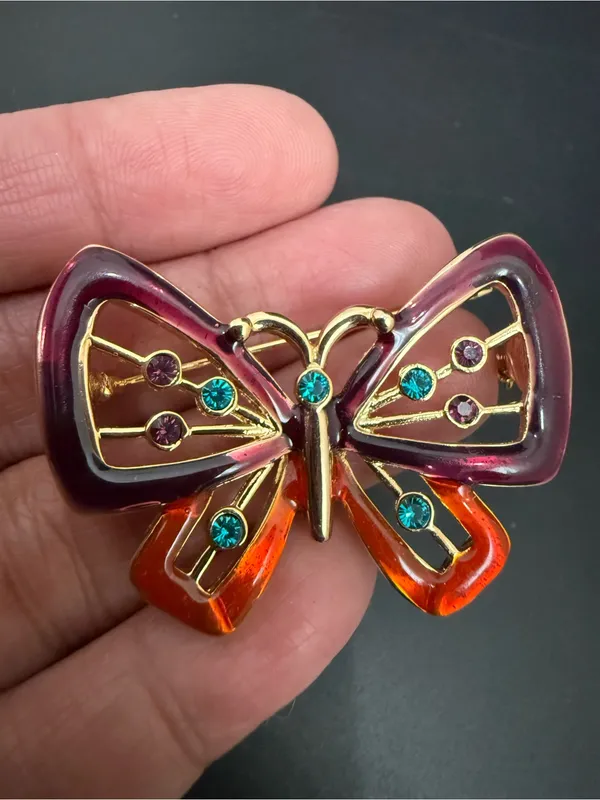 Vintage Gold-tone Red/Plum Butterfly Brooch - Image 6