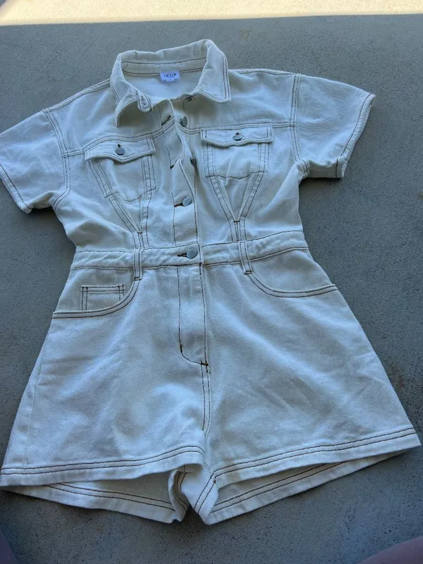 LELIS‎ Collection Off White Denim Romper Utility Belted Women’s Size S - Image 3