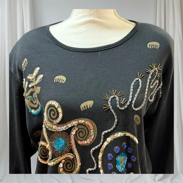 Christina Vintage 80s Beaded Sequin Sweater Black Blue‎ Ramie Cotton - Image 3