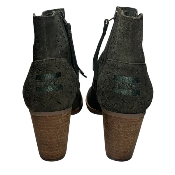 TOMS Majorca Peep Toe Booties Dark Olive Green Suede Perforated Block Heel 8M - Image 7