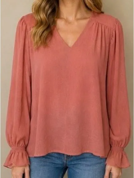 Entro Pink V-Neck Smocked‎ Ruffle Cuff Blouse Size S - Image 4