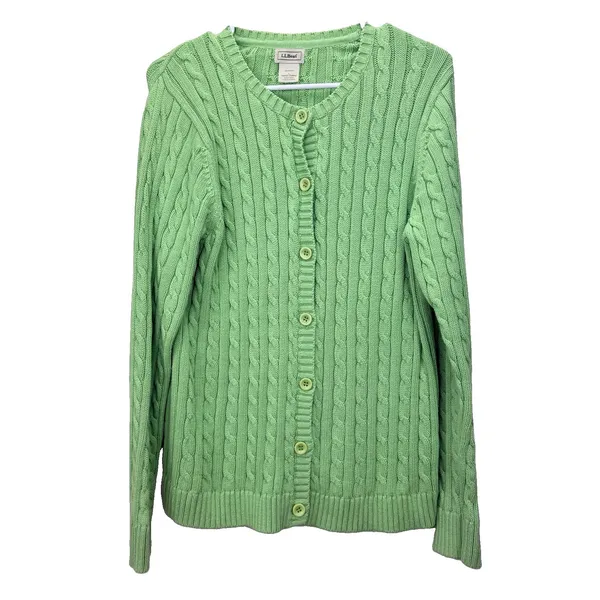 LL Bean Lime Green Cable Knit Cotton Button Up Cardigan Sweater Size LARGE - Image 2