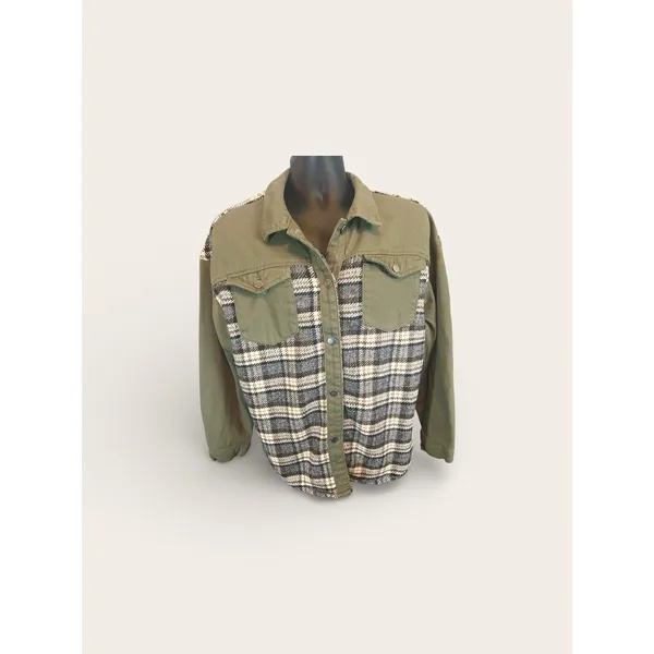 Womens Coats Size Large Cufflink Cotton Denim Plaid Shirt Jacket Army Green - Image 2
