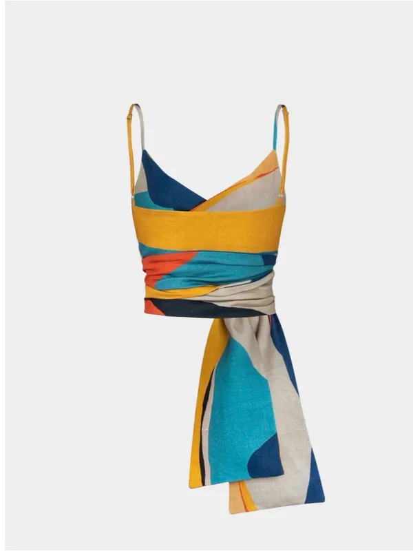 NWT Geometric Print Linen Knotted Ruched Cami Top Size S - Image 3