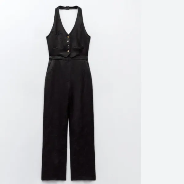 NWT Zara Black Viscose Jacquard Halter Vest Jumpsuit V-neckline Bloggers Fave - Image 6