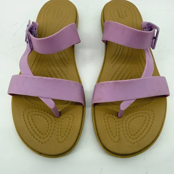 Crocs Tulum Toe Post Sandal Purple Tan Women 8 Slip On Buckle Casual Comfy - Image 2