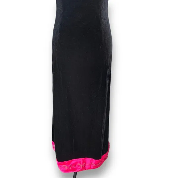 Vintage Dark Romance Velvet Strapless Maxi Dress Black Pink Rose Trim Romantic - Image 6